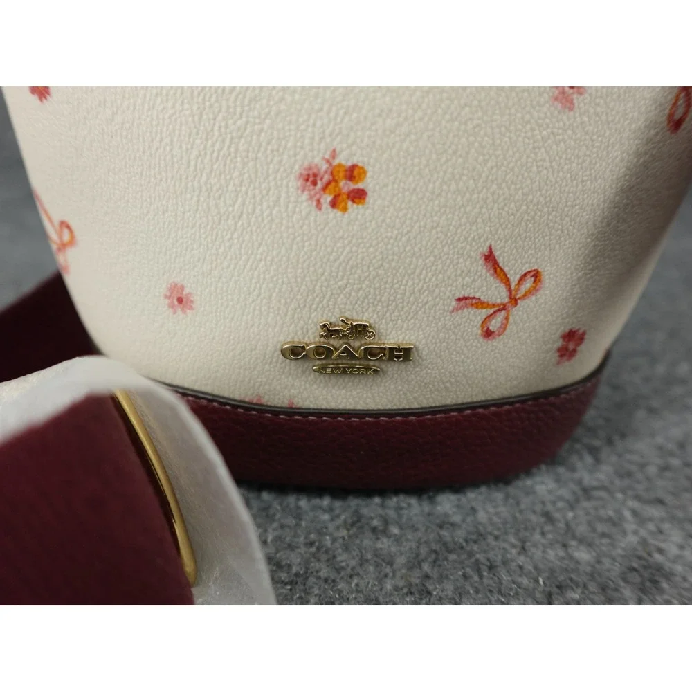 Coach Dempsey Drawstring Bucket Bag 15 Bow Print Chalk Wine CN707 Mini Crossbody